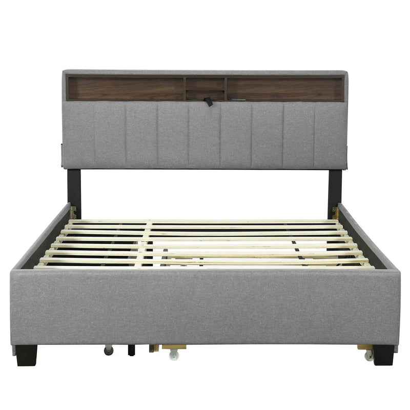 Upholstered Platform Bed With Storage Headboard, Trundle & 2 Drawers And A Set Of Sockets & USB Ports by HouseOfZazla