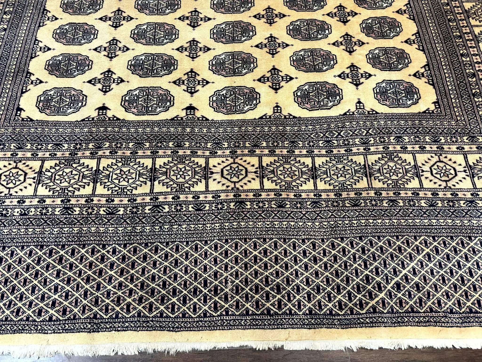 Pakistani Bokhara Turkoman Rug 9x11, Cream, Handmade Wool Vintage Carpet by Jewel Rugs