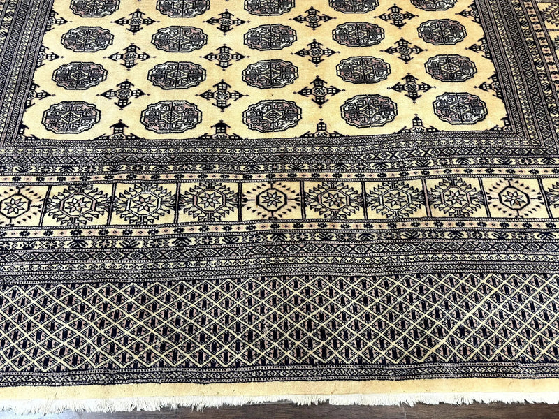 Pakistani Bokhara Turkoman Rug 9x11, Cream, Handmade Wool Vintage Carpet by Jewel Rugs