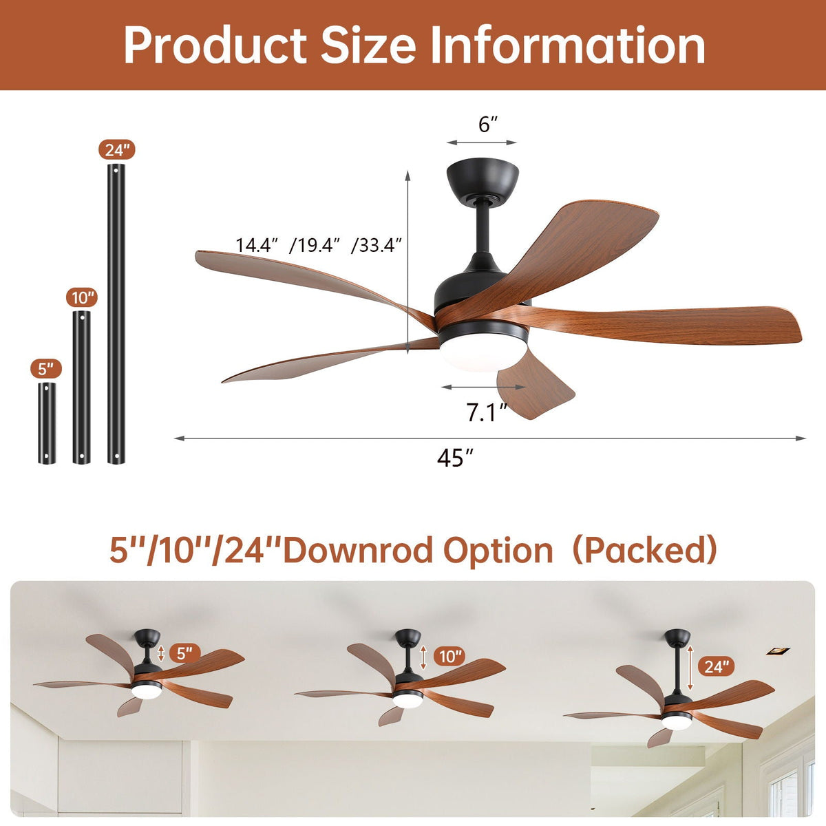45-Inch Ceiling Fan with DC Motor and Integrated Light - Wood Grain, photo 11 of 12