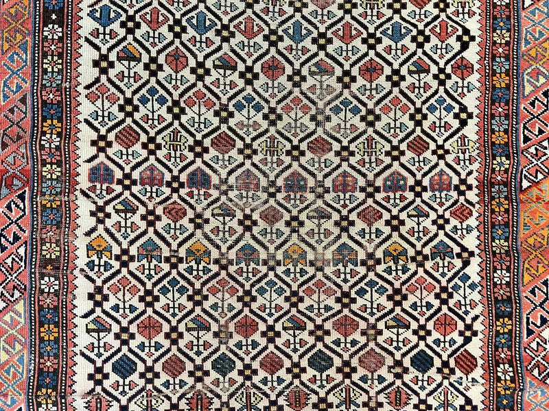 Antique Caucasian Rug 4x5, Hand Knotted Handmade Shirvan Oriental Carpet, Ivory Red Rug Allover Pattern, Rare Wool Rug, Tribal Geometric Rug by Jewel Rugs