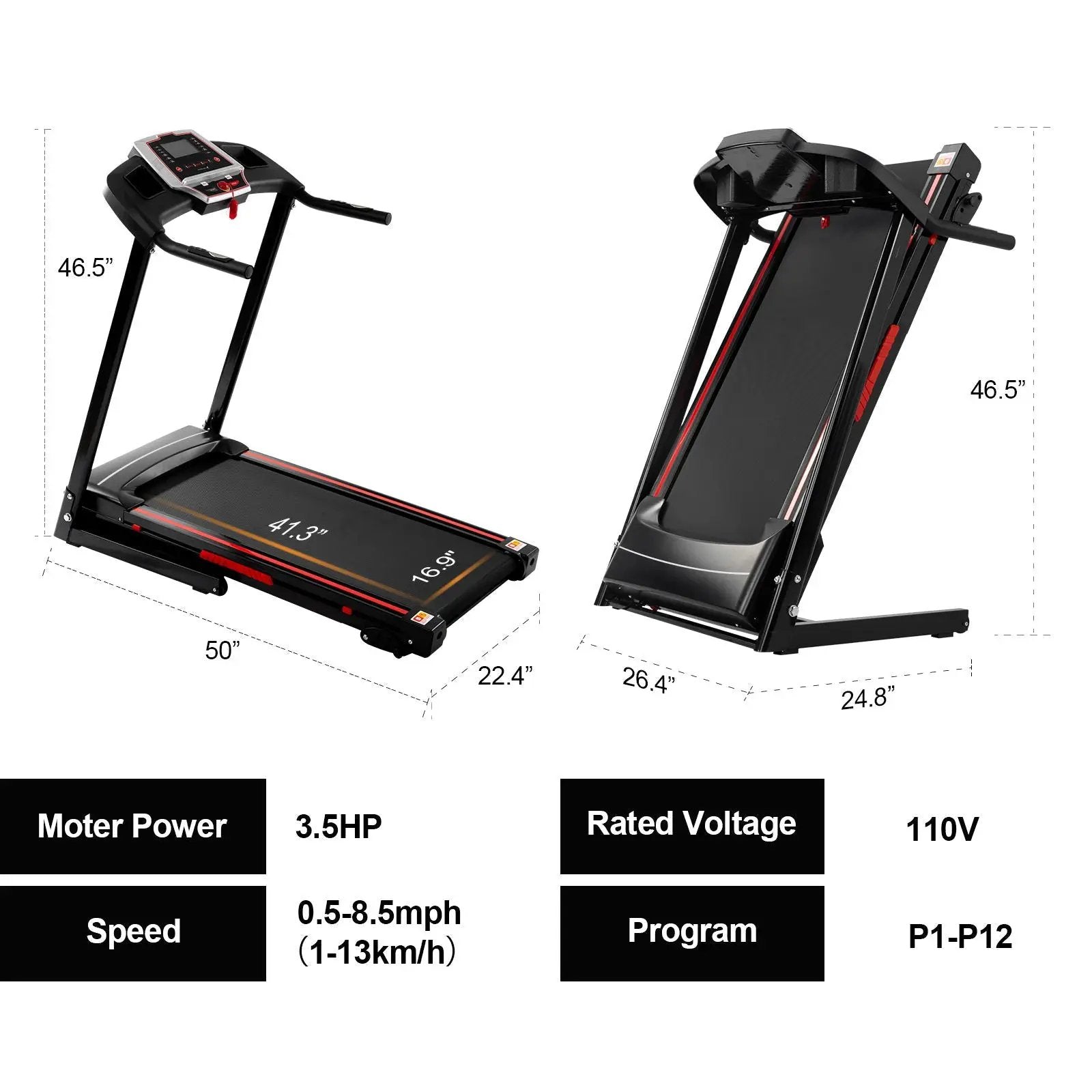 Folding Treadmills For Home - 3.5Hp Portable Foldable With Incline, Electric Treadmill For Running Walking Jogging Exercise With 12 Preset Programs, Indoor Workout Training Space Save Apartment, App - Black by HouseOfZazla