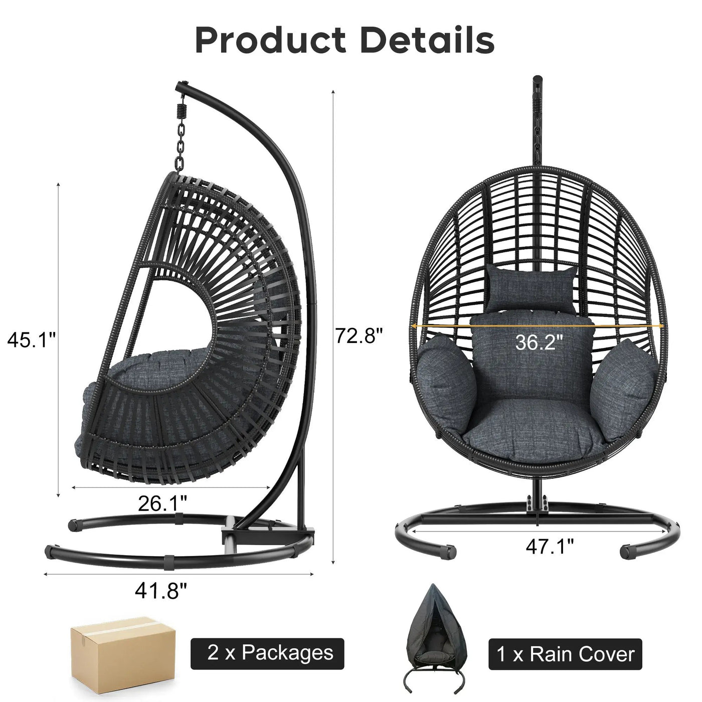 42 Extra Wide U-Base Hanging Egg Chair with Cushion by HouseOfZazla