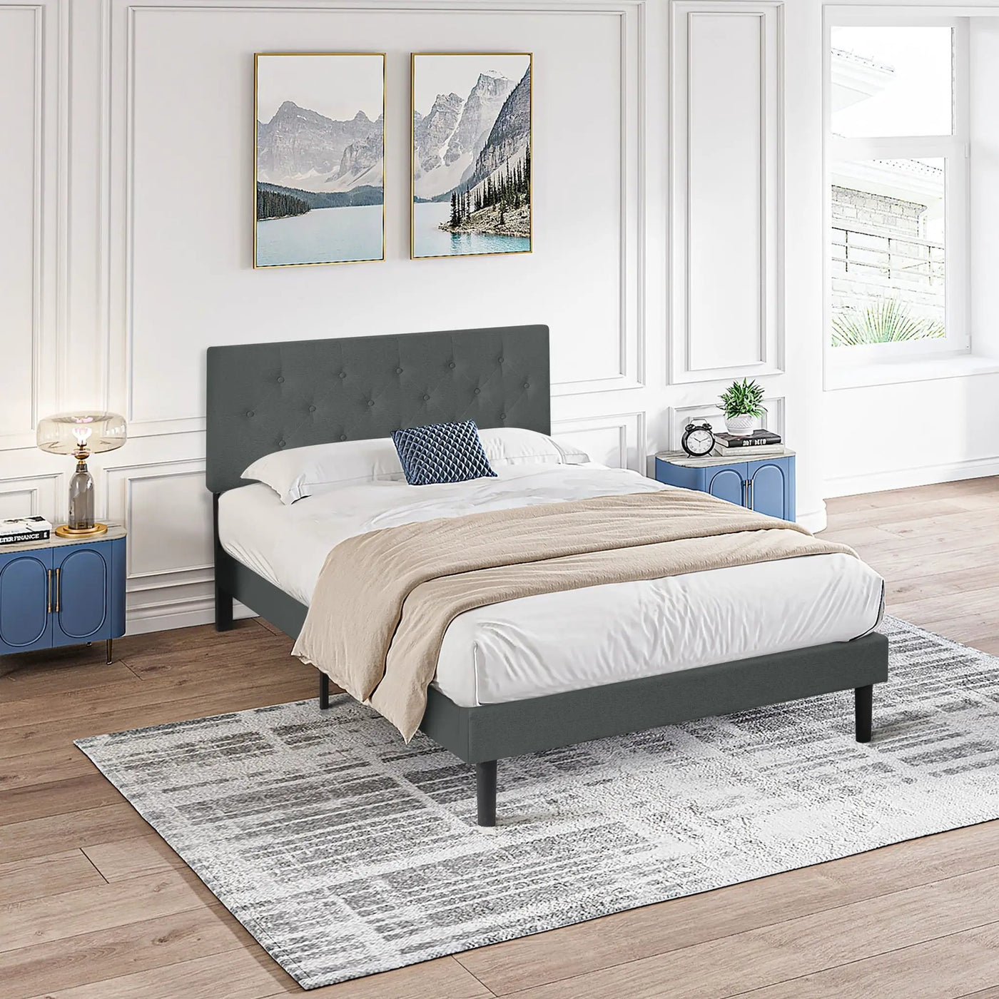 Modern Upholstered Platform Bed Frame With Button Tufted Fabric Headboard by Unique Piece Furniture