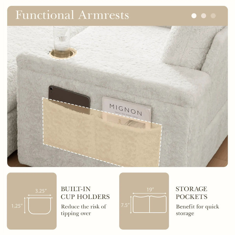 Oversized Chaise Lounge Indoor Rabbit Fur Sofa Bed With Storage Ottoman And Armrests Cup Holders With Deep Seat by Unique Piece Furniture