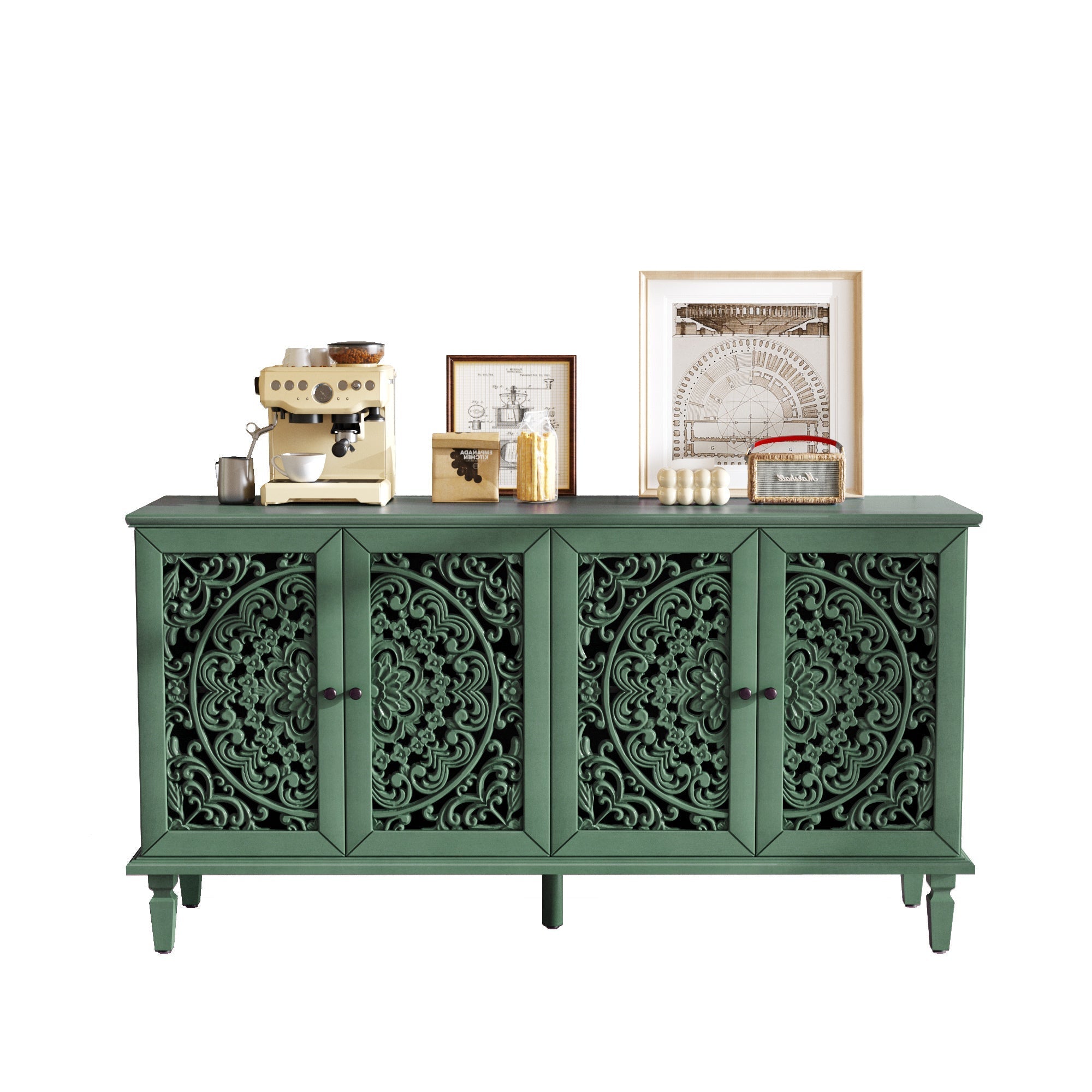 60' Antique Buffet Cabinet with Floral Carvings by HouseOfZazla