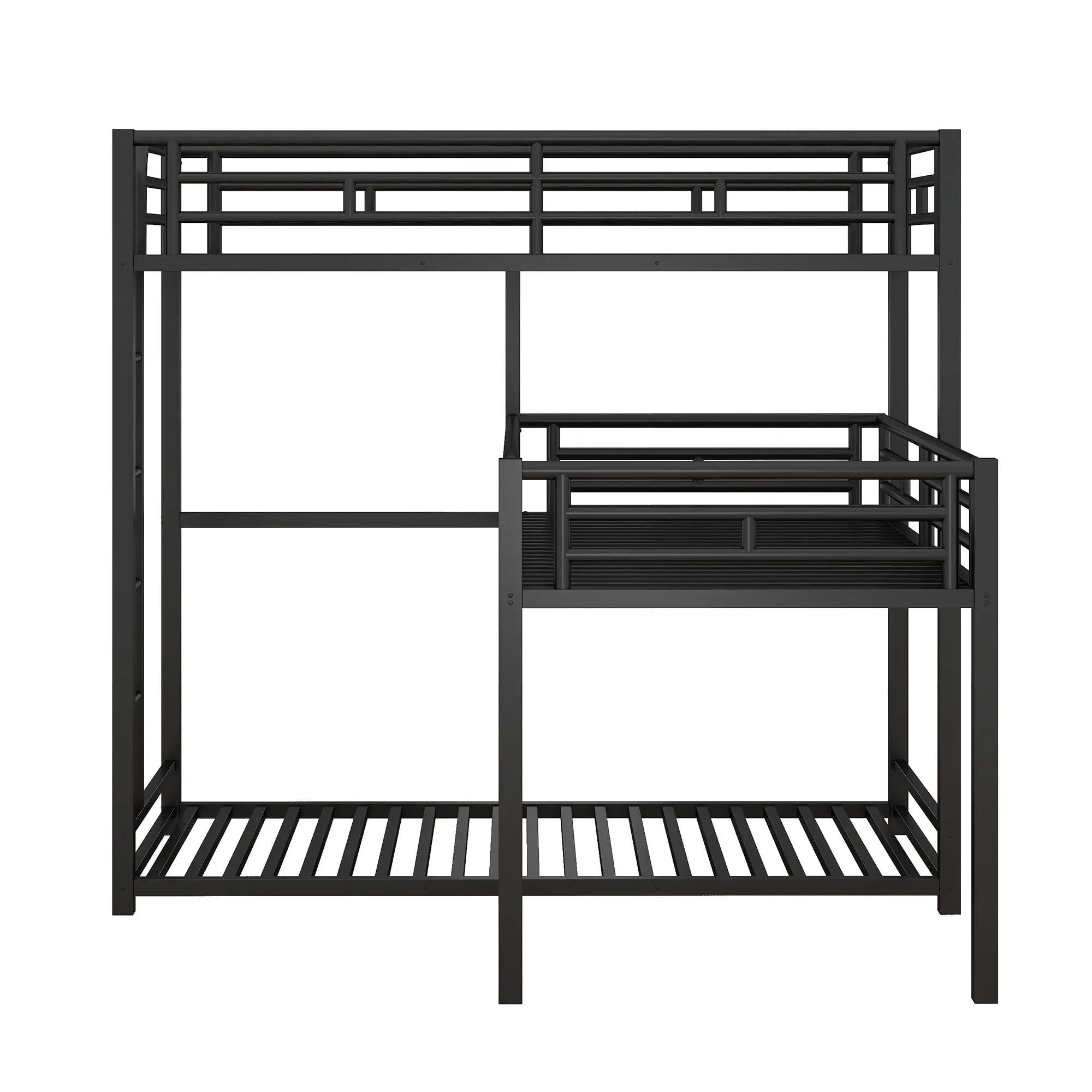 L-Shaped Triple Twin Size Bunk Bed, Industrial Design With Integrated Ladder And Full Length Guardrails - Black by HouseOfZazla