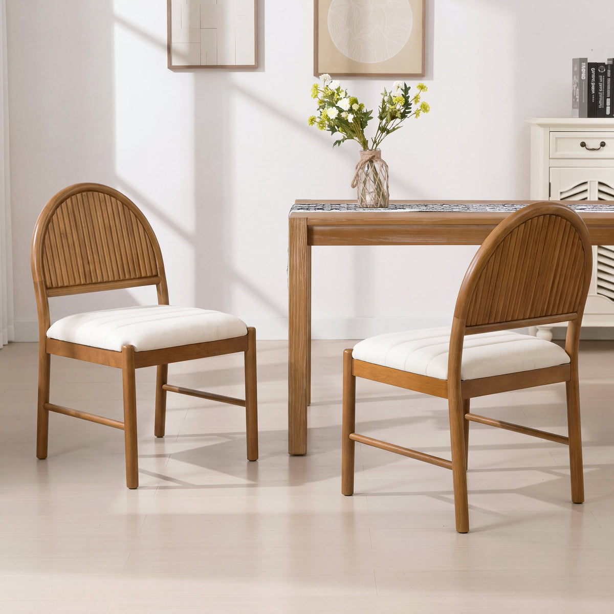 Rubber Wood Dining Chair with Fluted Backrest and Upholstered Seat - Beige, photo 2 of 10