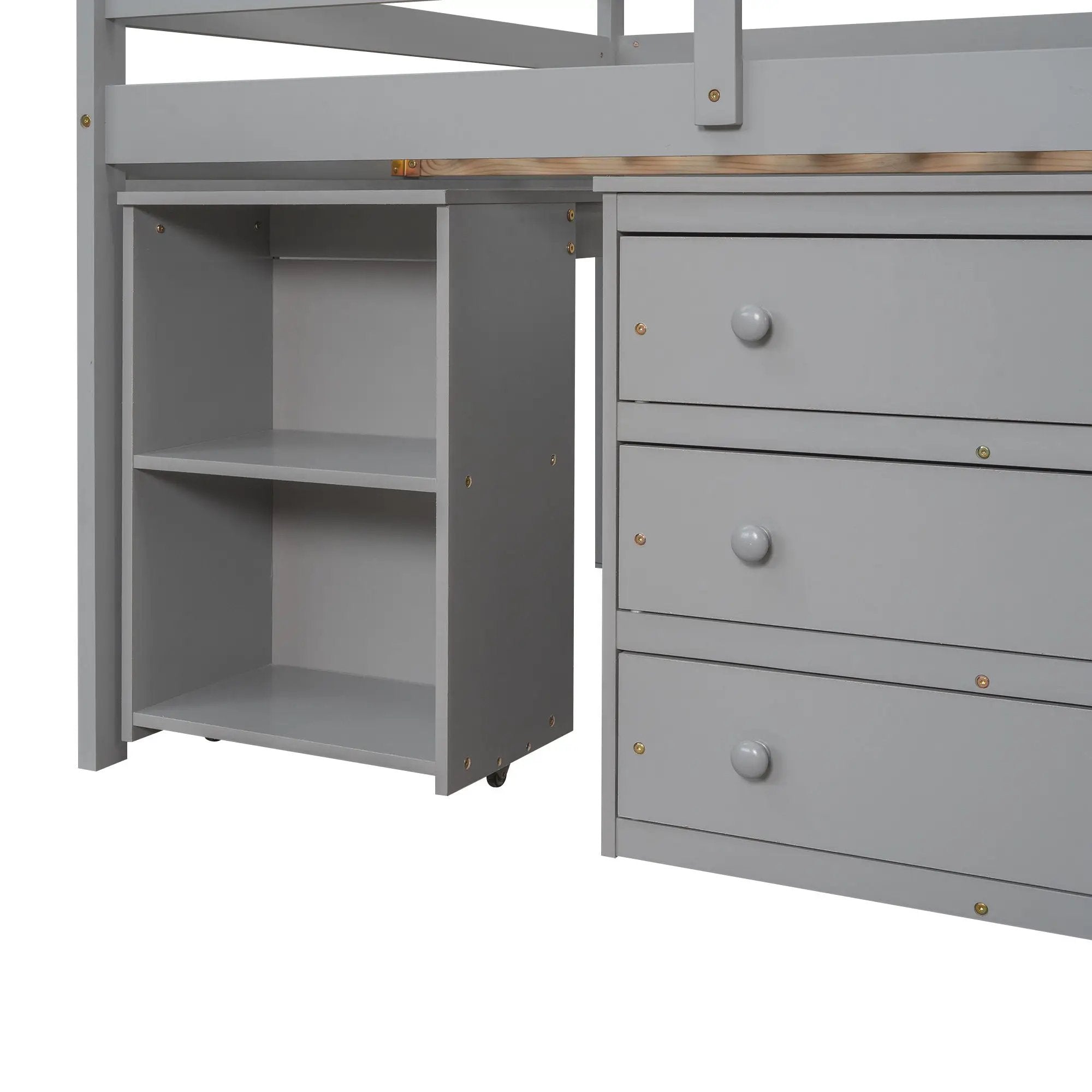 Loft Low Study Bed With Cabinet, Shelves And Rolling Portable Desk, Multiple Functions by HouseOfZazla