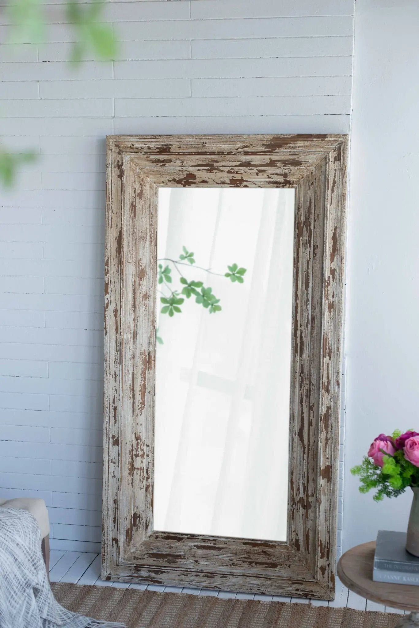 Full Length Rectangle Floor Mirror With Distressed Wood Frame - Brown by Unique Piece Furniture