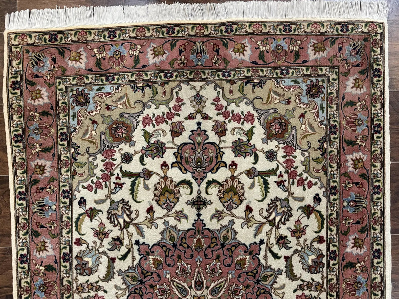 Fine Persian Tabriz Rug 3x5, Floral Medallion, 340 KPSI, Ivory Salmon by Jewel Rugs