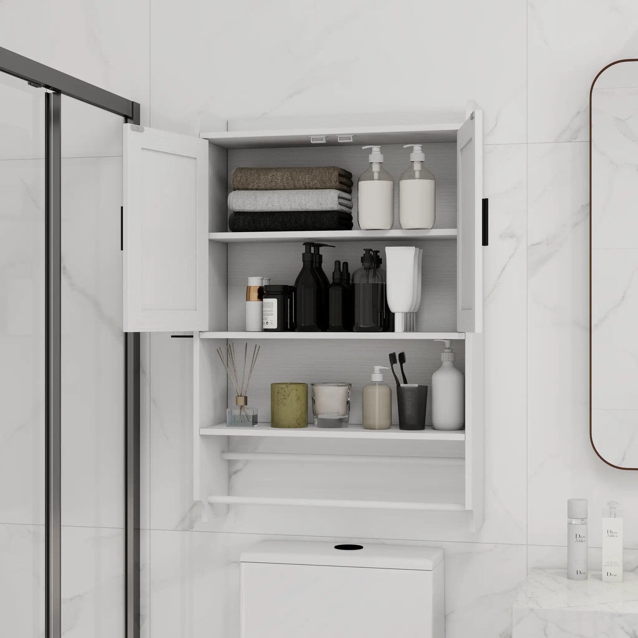 Bathroom Wall Cabinet with Doors, Adjustable Shelf, Towel Bar, and Paper Holder by HouseOfZazla