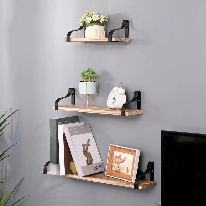 Floating Shelves, Long Wall Shelves (Set of 3), Wall Mounted Shelves & Brackets For Bedroom - Natural Wood by HouseOfZazla