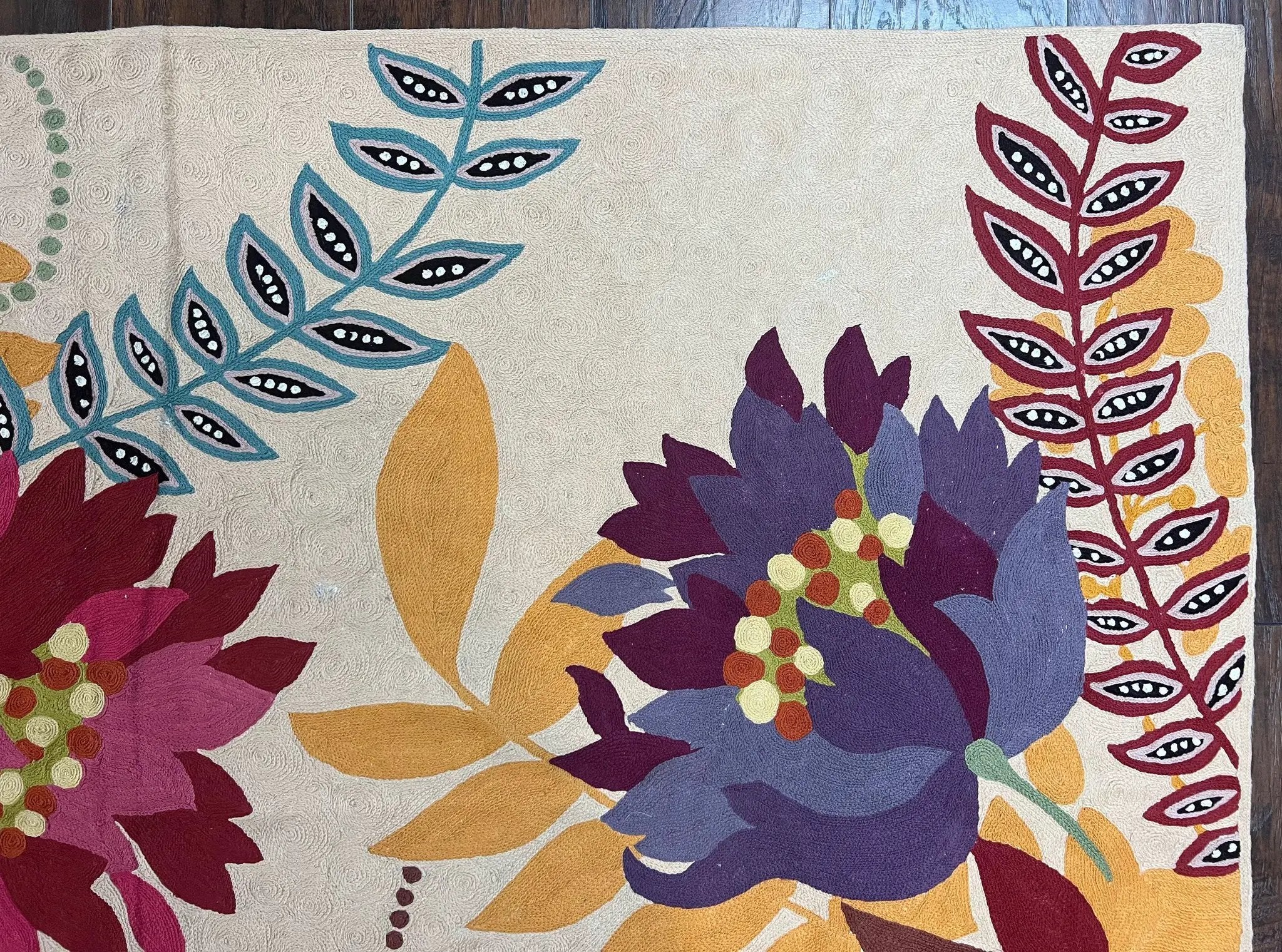 Indian Chain Stitched Rug 4x6, Hand Stitched Indian Embroidery Carpet, Large Floral Design, Contemporary, Cream and Colorful Flowers, Wool by Jewel Rugs