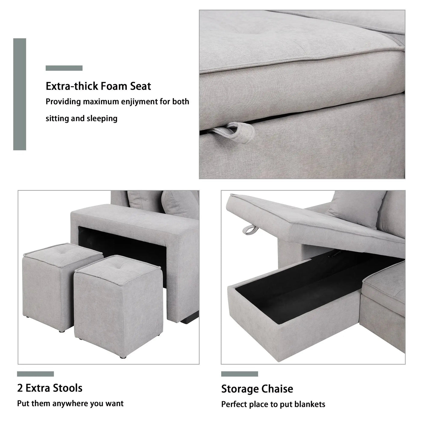 Modern L-Shape 3 Seat Reversible Sectional Couch, Pull Out Sleeper Sofa With Storage Chaise And 2 Stools For Living Room Furniture Set by Unique Piece Furniture