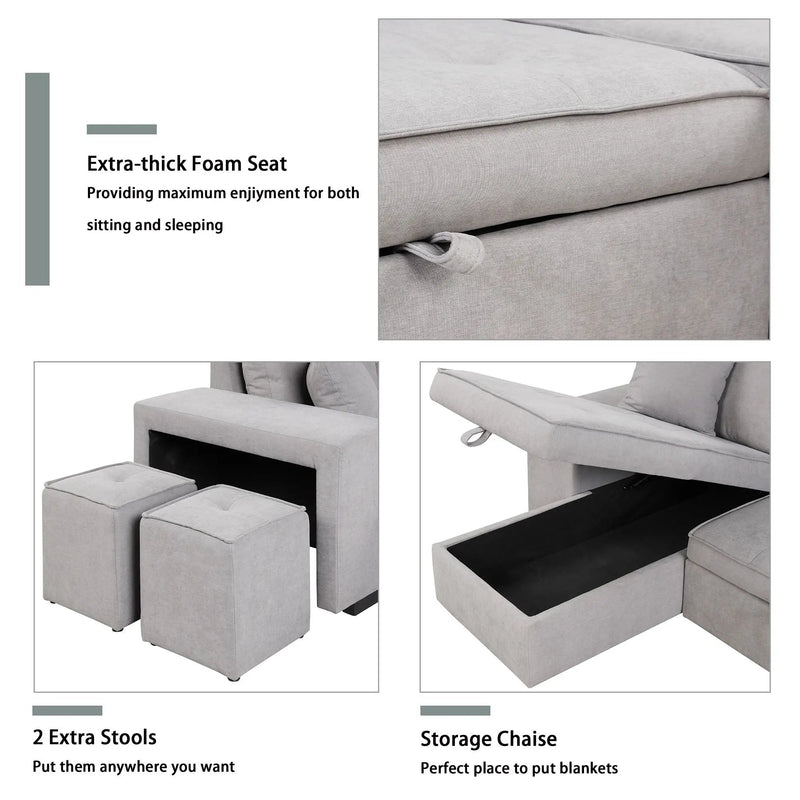 Modern L-Shape 3 Seat Reversible Sectional Couch, Pull Out Sleeper Sofa With Storage Chaise And 2 Stools For Living Room Furniture Set by HouseOfZazla