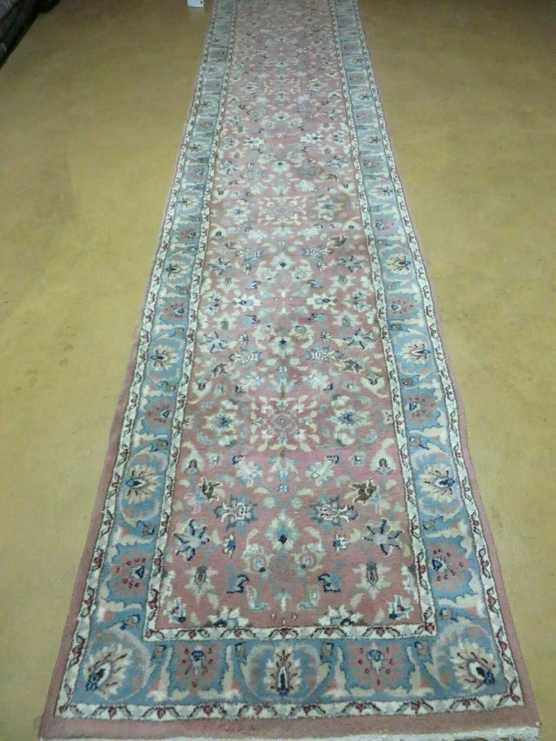 Indo Persian Runner Rug 2.8 x 12, Wool Hand Knotted, Pink and Light Blue by Jewel Rugs