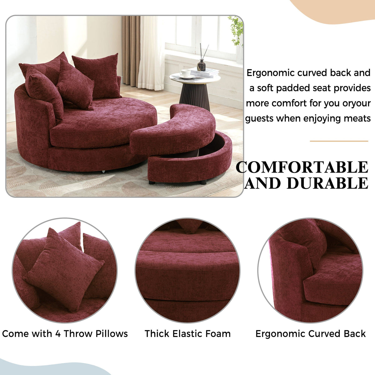 360° Swivel Accent Barrel Chair With Storage Ottoman & 4 Pillows, Modern Leisure Chair Round Accent For Living Room, photo 28 of 31