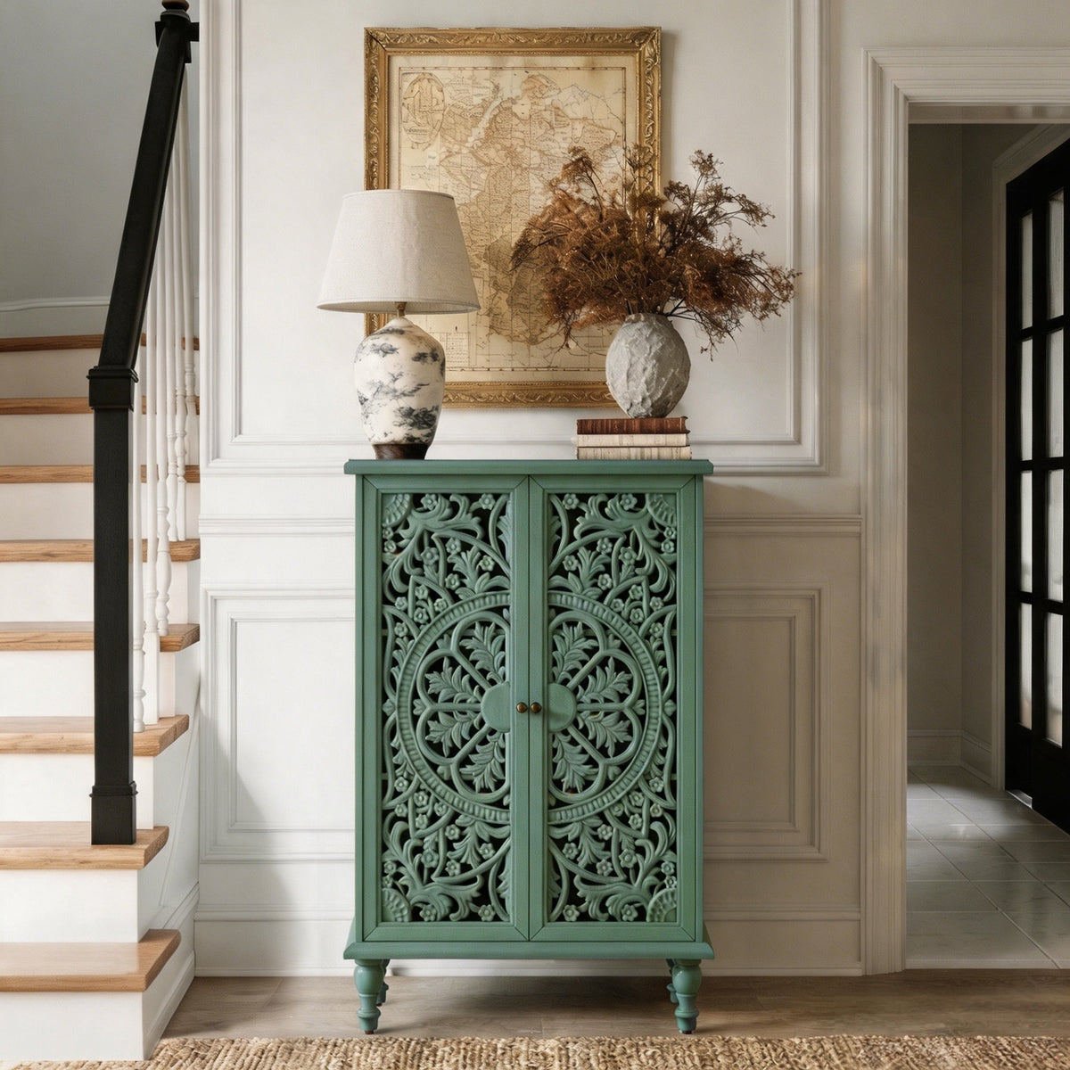 Tall Accent Cabinet with Doors & Storage, Farmhouse Hollow Carved Double Door Display Cabinet with Adjustable Shelf & Turned Legs, Freestanding Decorative Cabinet for Entryway Living Room, photo 4 of 10