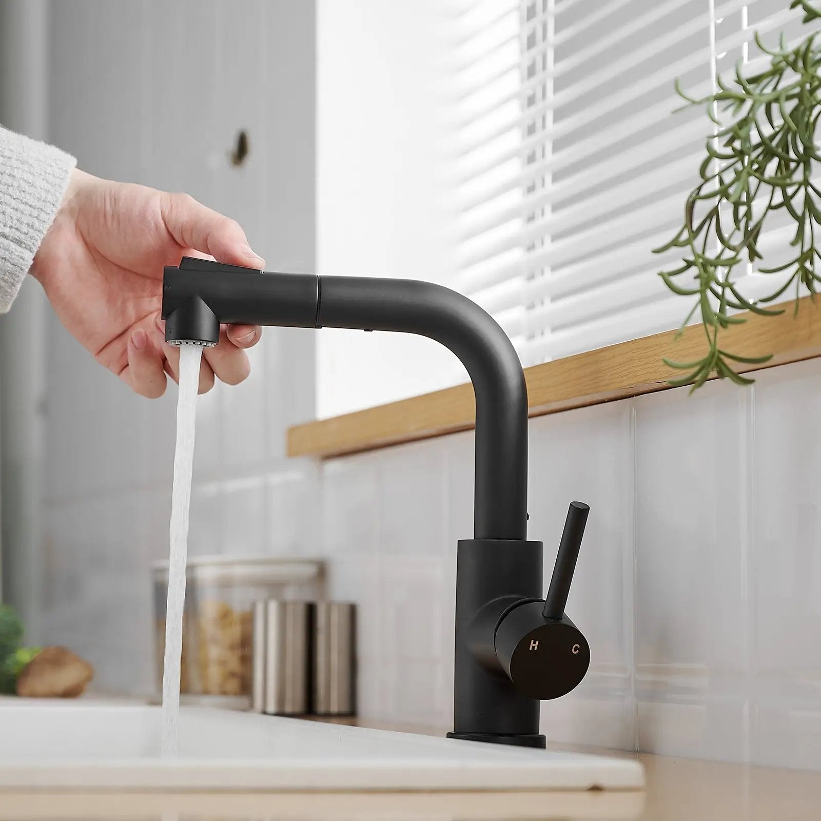 Black Kitchen Sink Faucet with Pull Down Sprayer by HouseOfZazla