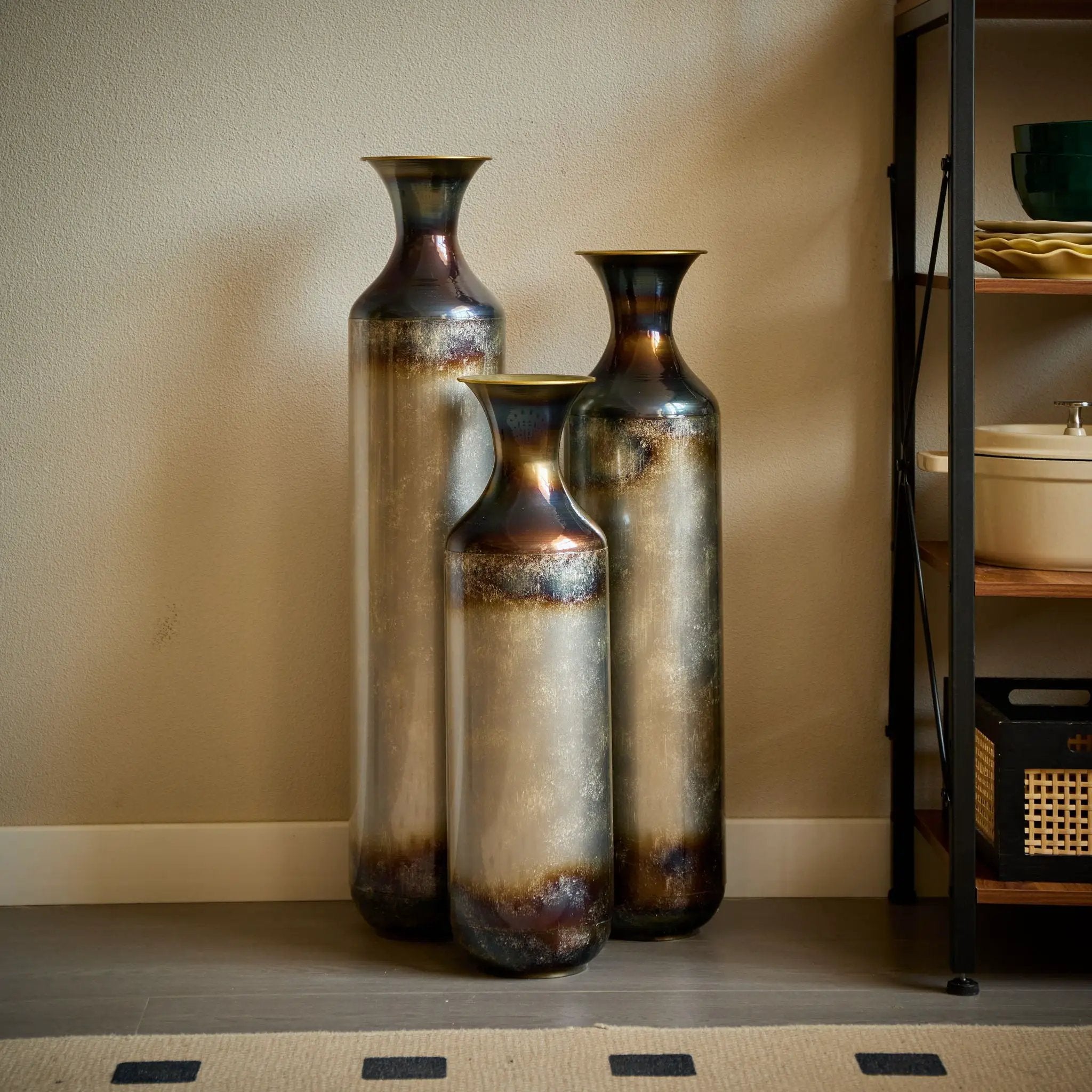 Modern Droplet Shaped Floor Vase Set, Glazed Metal Decorative Vases 3 Piece Home Accent For Living Room - Gold / White by HouseOfZazla