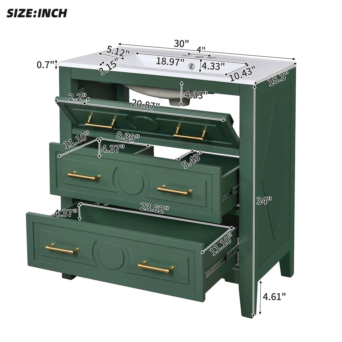 Retro Bathroom Vanity With Sink Combo, Free Standing Single Set With 3 Drawers, photo 19 of 21