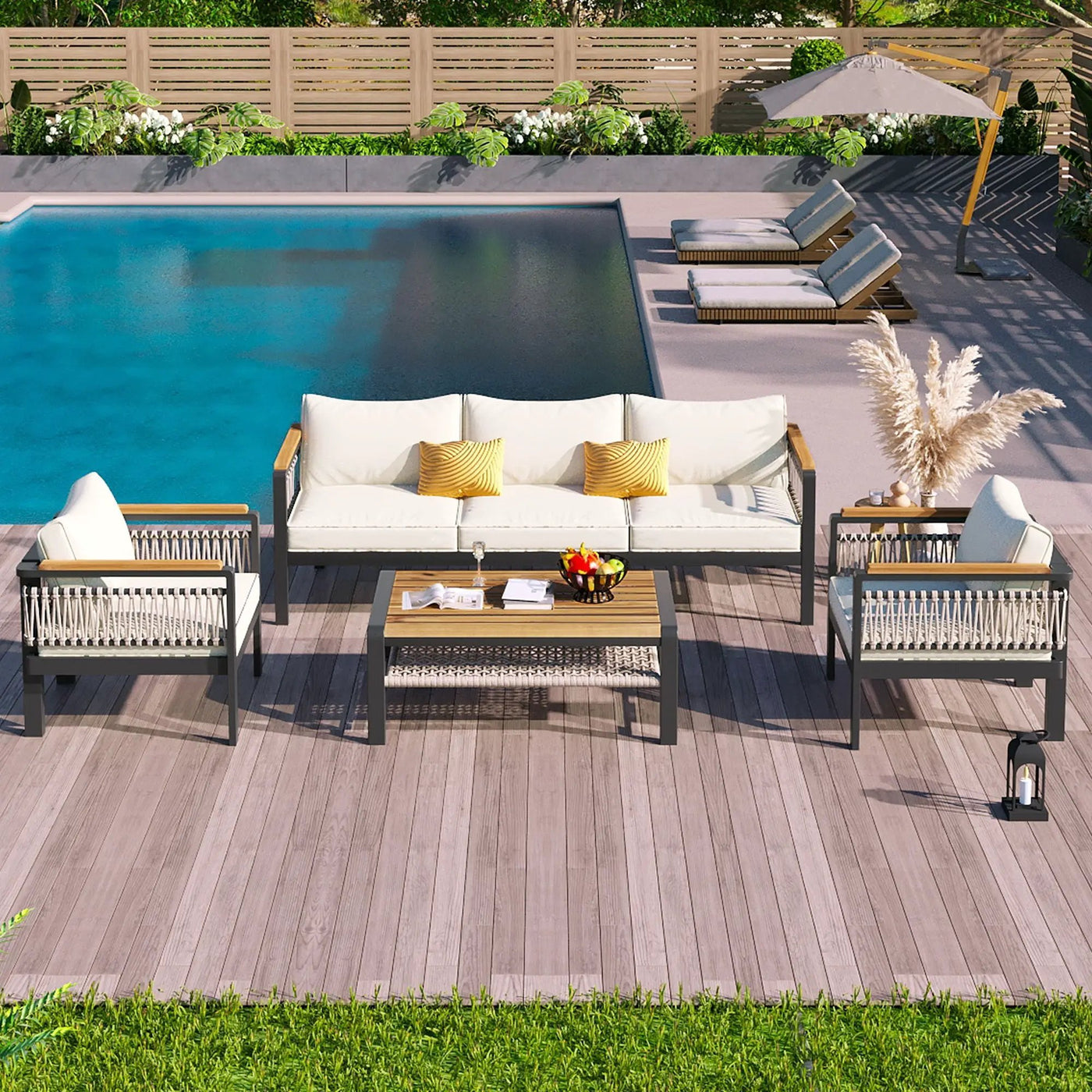 4 Pieces Outdoor Sectional Sofa Set 5 Person Patio Seating Group Outdoor Conversation Set With Cushions And A Coffee Table For Patios by HouseOfZazla