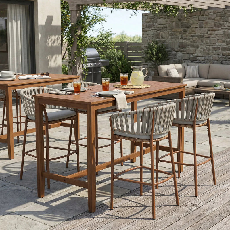 Lodi Outdoor Metal Rope Barstool, Teak Finished Frame and Beige Cushion, Set of 4 by HouseOfZazla