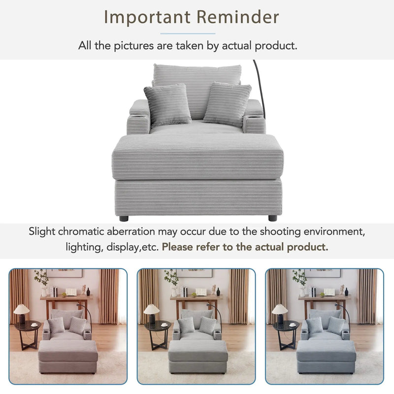 Single Sofa Couch With Storage Space, Movable Ottoman, USB Ports, Cup Holders, Phone Holder