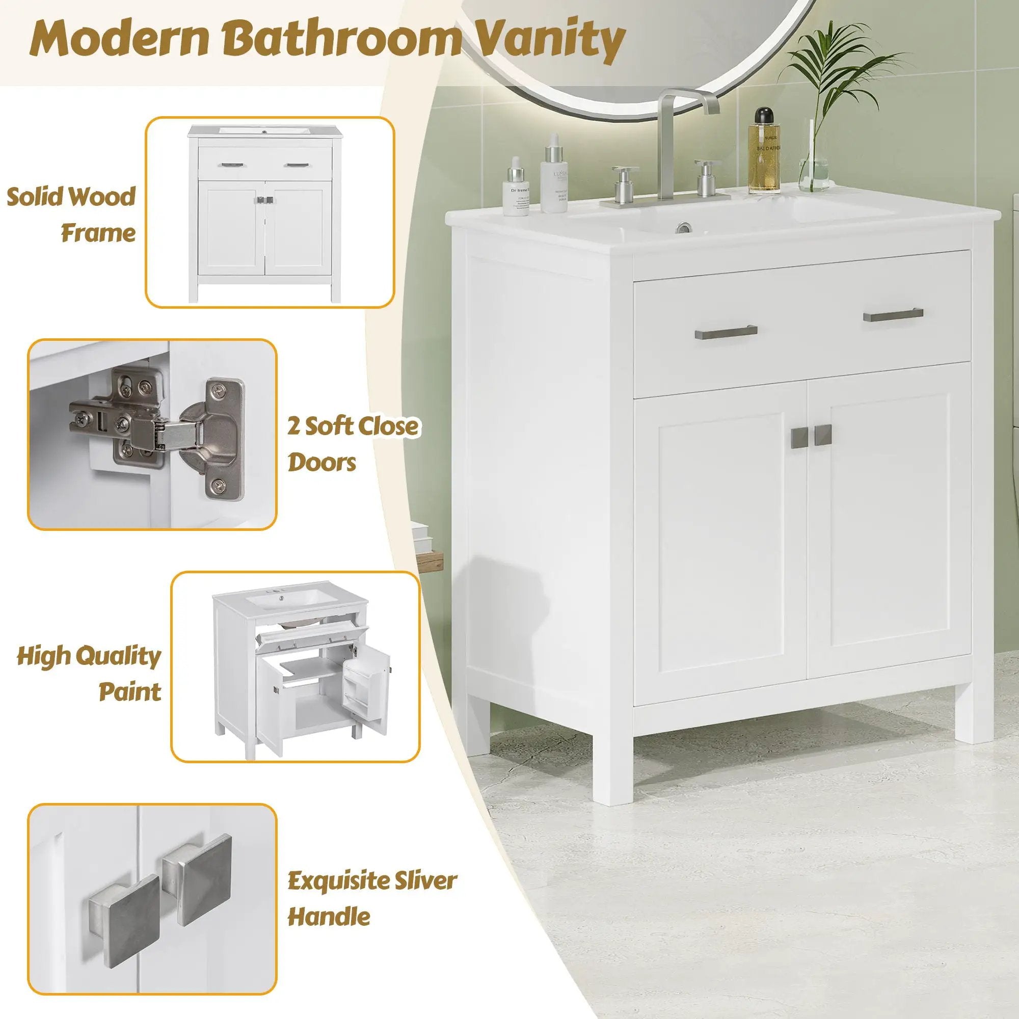 Bathroom Vanity With Ceramic Sink, Modern Single Bathroom Cabinet With 2 Doors And A Shelf, Soft Close Doors by Unique Piece Furniture