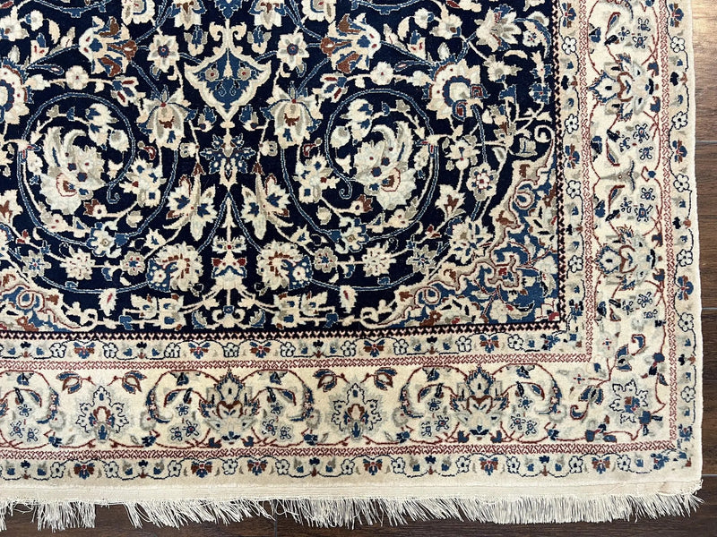 Very Fine Persian Nain Rug 3.7 x 6, Floral Medallion, Wool and Silk Accents, Highly Detailed, Hand Knotted Oriental Carpet, Navy Blue Ivory/Cream by Jewel Rugs