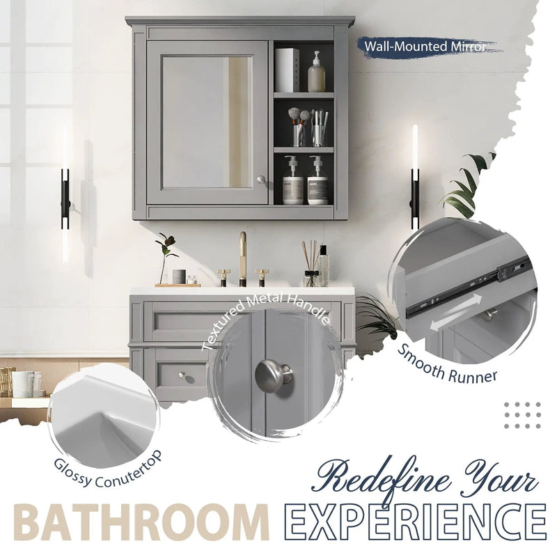 Bathroom Vanity With Medicine Cabinet, Royal Mirror Cabinet, Modern Bathroom Storage Cabinet With 2 Soft Closing Doors And 4 Drawers by HouseOfZazla