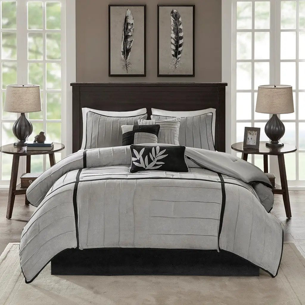 7 Piece Faux Suede Comforter Set Grey Cal King by HouseOfZazla
