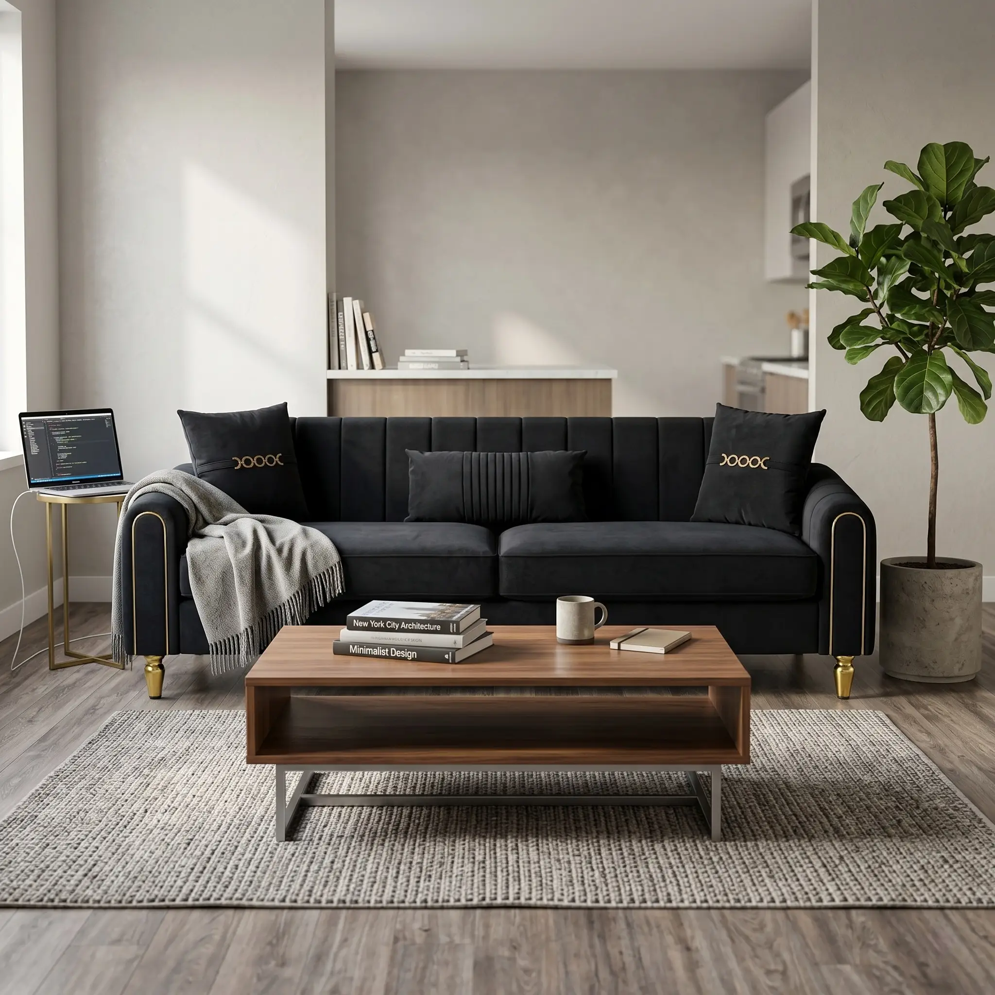 FX-P11-BK 87.4 Inch Modern Sofa Couch for Living Room, 3 Seater Upholstered Sofa with Pillows by HouseOfZazla