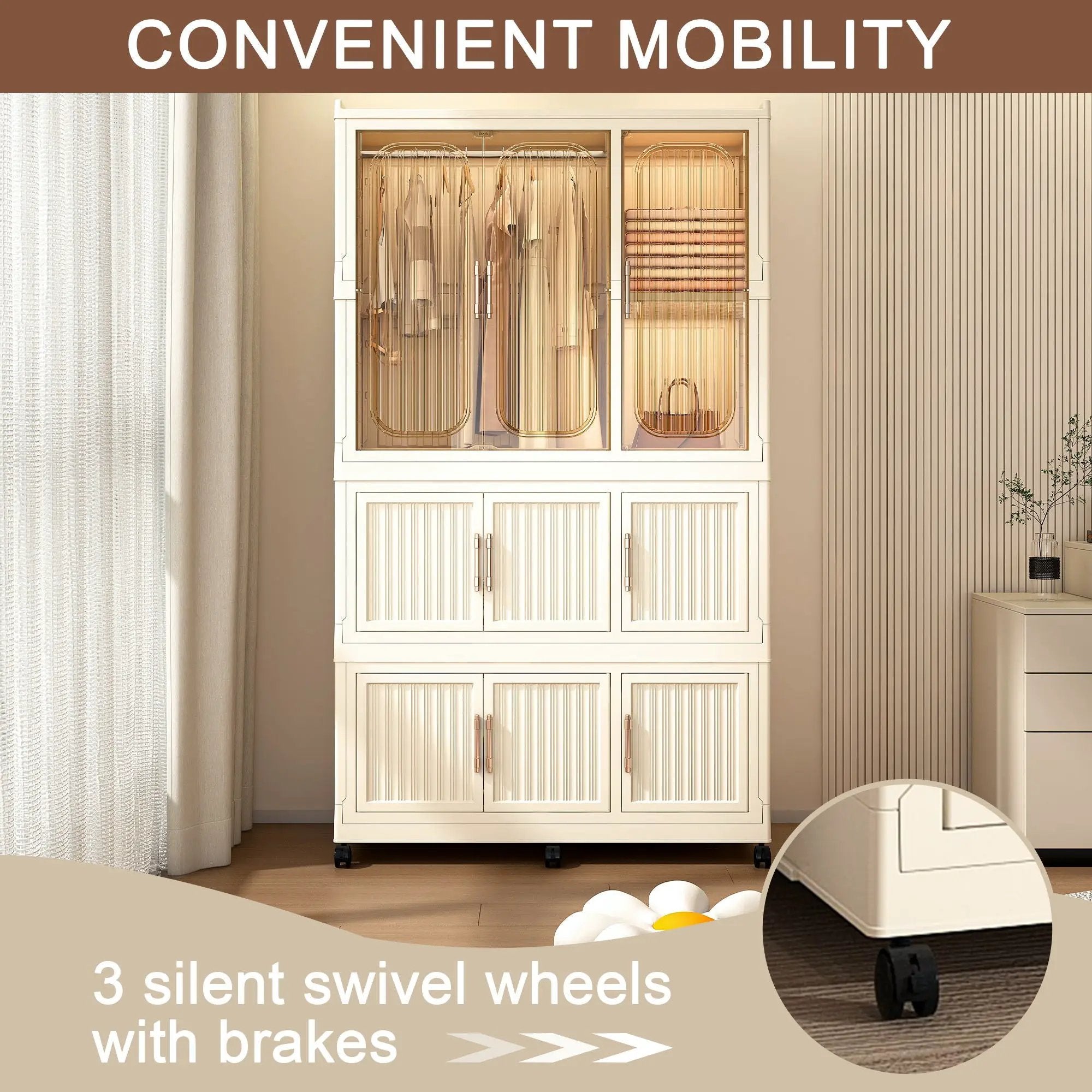 Portable Wardrobe Closet Storage Organizer With 9 Magnetic Doors - Cream White by HouseOfZazla