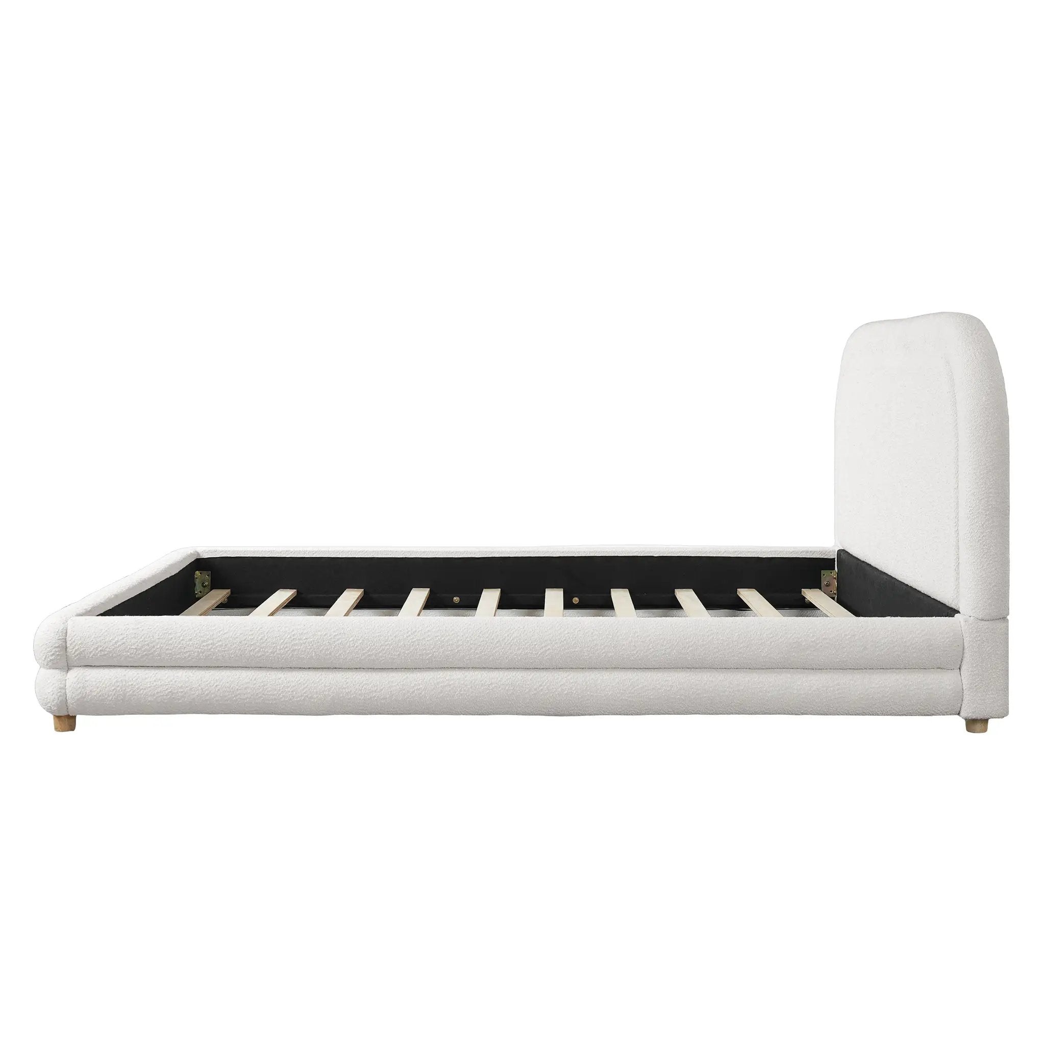 Queen Size Bed Frame With Boucle Upholstered Thick Curved Headboard, Solid Wood Legs by HouseOfZazla