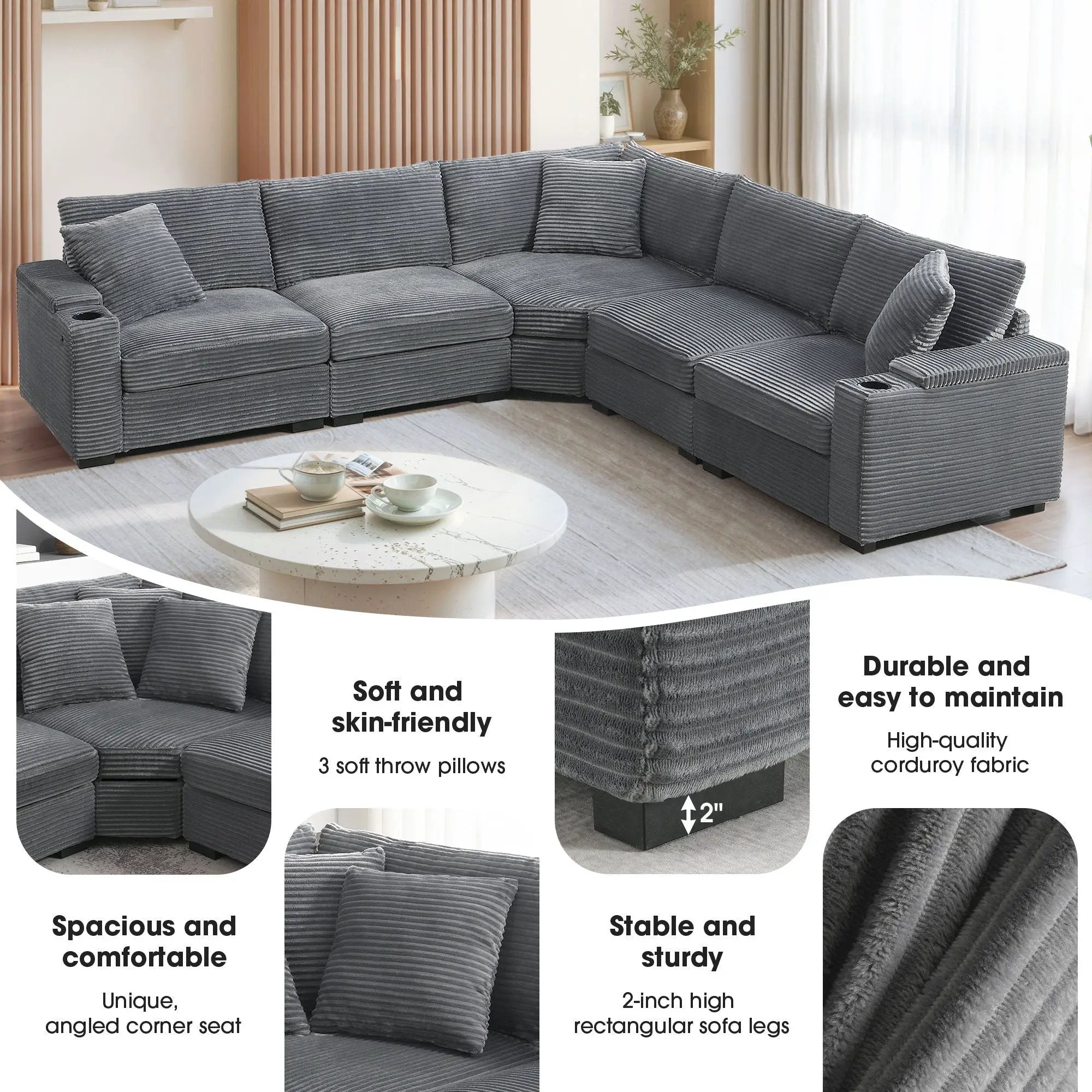 Convertible L Shaped Sectional Corner Couch With Armrest Storage Cup Holders USB Charger, Irregular Corner Oversized Comfy Modular Sofa by Unique Piece Furniture