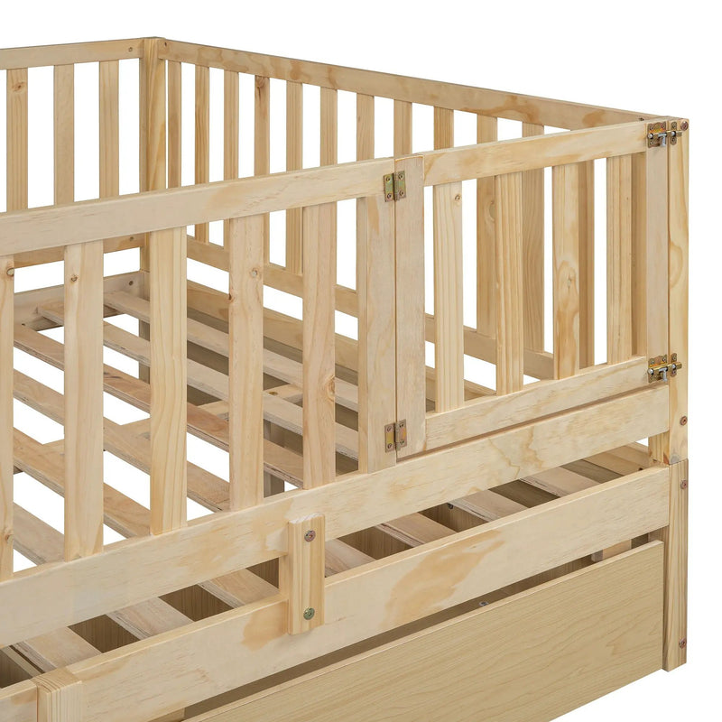 Daybed With Fence Guardrails And 2 Drawers, Split Into Independent Floor Bed & Daybed by HouseOfZazla