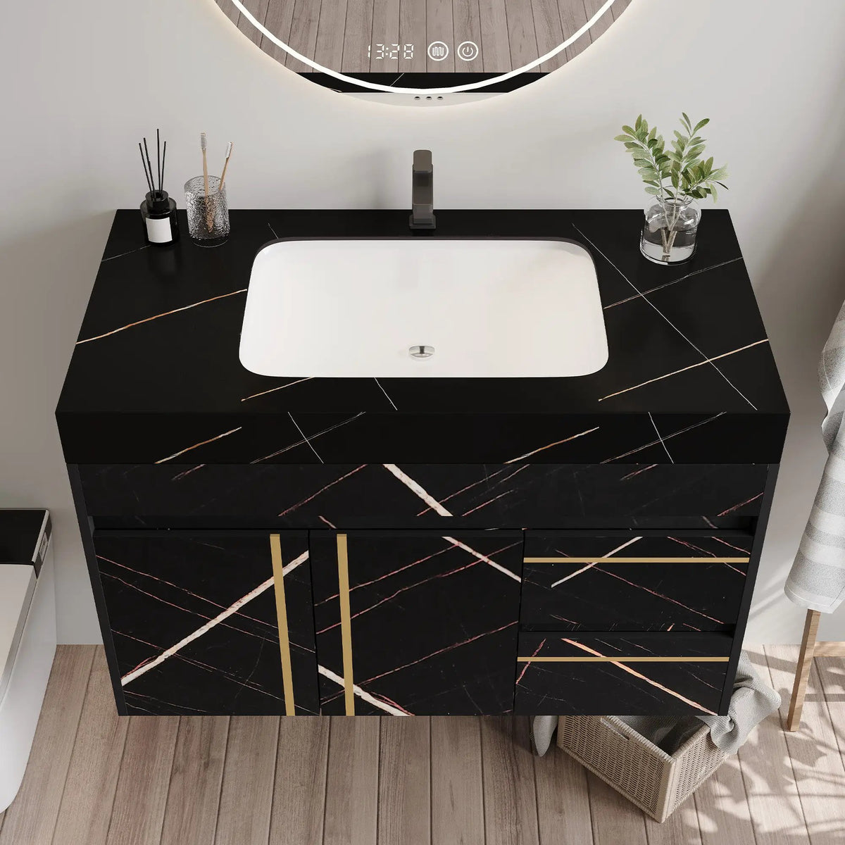35.2 in Floating Bathroom Vanity with Sink and Faux Marble Top by HouseOfZazla