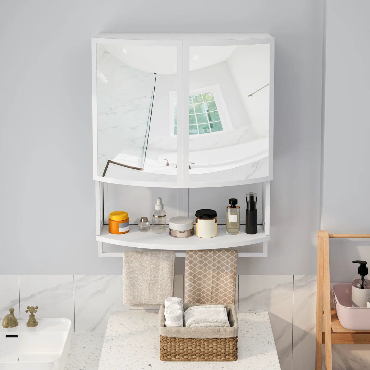 Arched Glass Double Door Wardrobe With Shatterproof Mirror, Open Shelf & Towel Rack by HouseOfZazla
