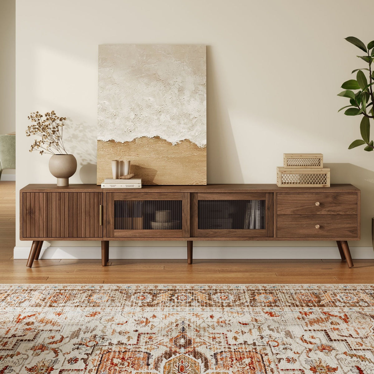 Doors TV Stand For TVs Up To 85" With Storage Cabinets - Natural, photo 3 of 4