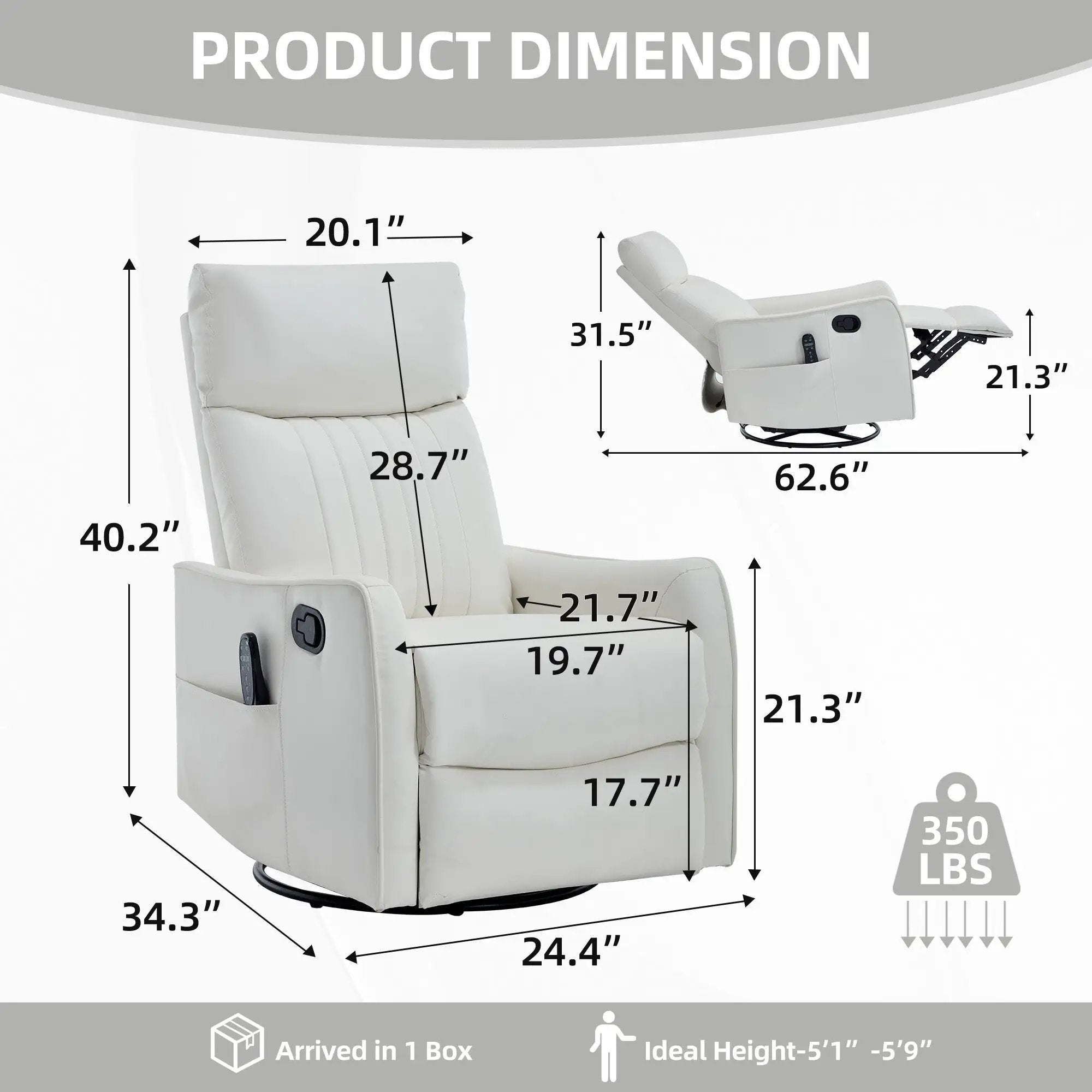 White Heat Massage Manual Recliner Chair with Rocker and Swivel in Faux Leather by HouseOfZazla