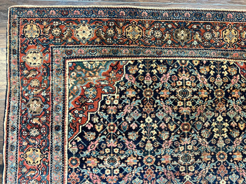Persian Rug 4x7 Antique Sarouk Farahan Carpet, Navy Blue and Red Wool Rug by Jewel Rugs