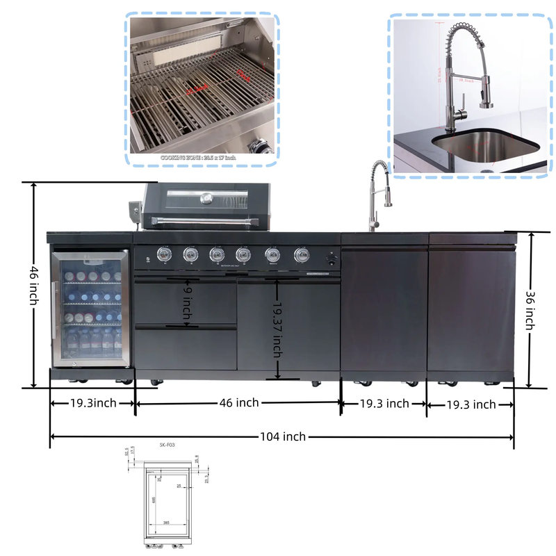 NG 104" 4-Burner 72,000 BTU Black Outdoor Kitchen Island Grill + Rotisserie Kit by Chery Industrial