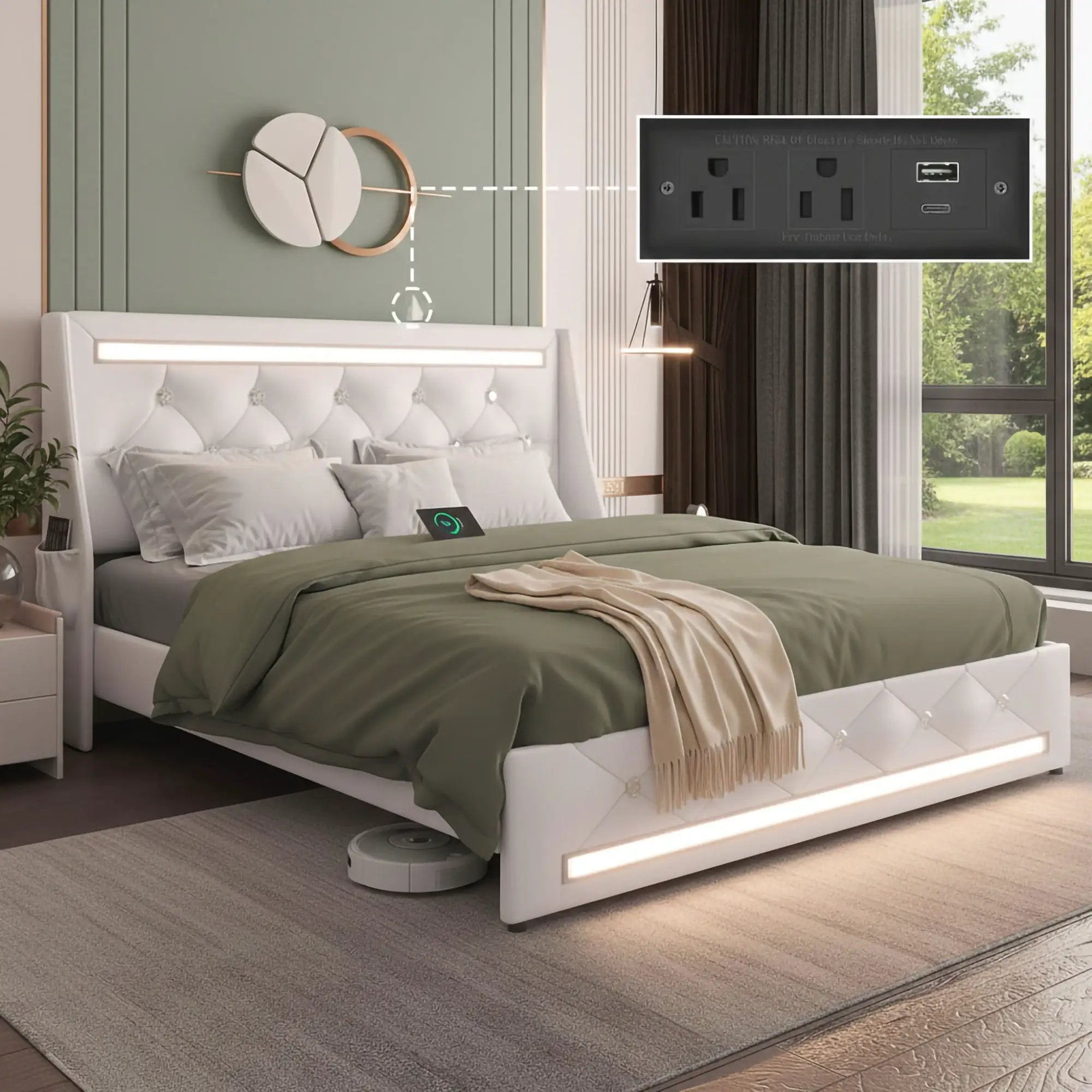 Wingback Upholstered Bed Frame With LED Lights, Charging Station by HouseOfZazla