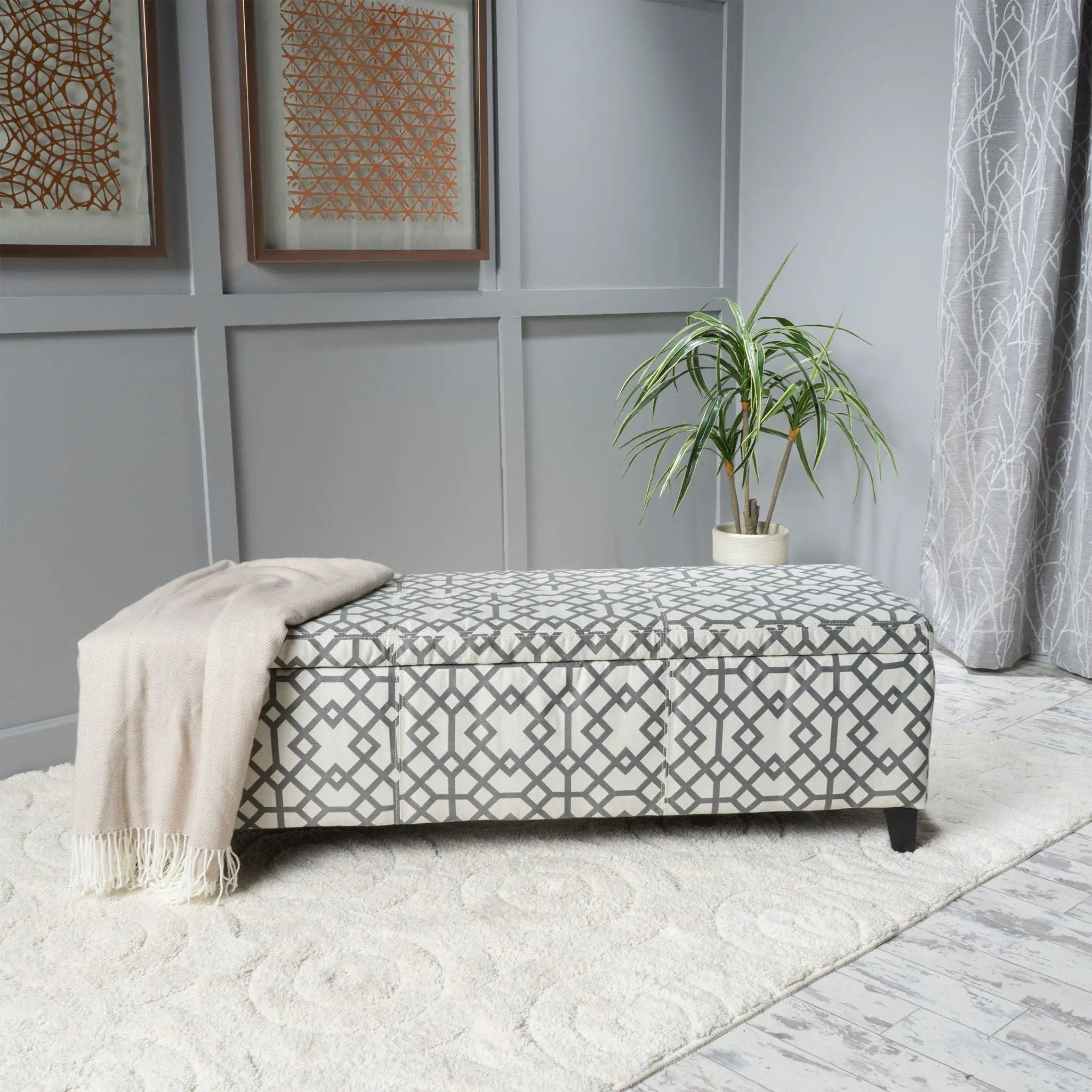 Quotient Upholstered Storage Ottoman With Tapered Block Feet - Gray / White by HouseOfZazla