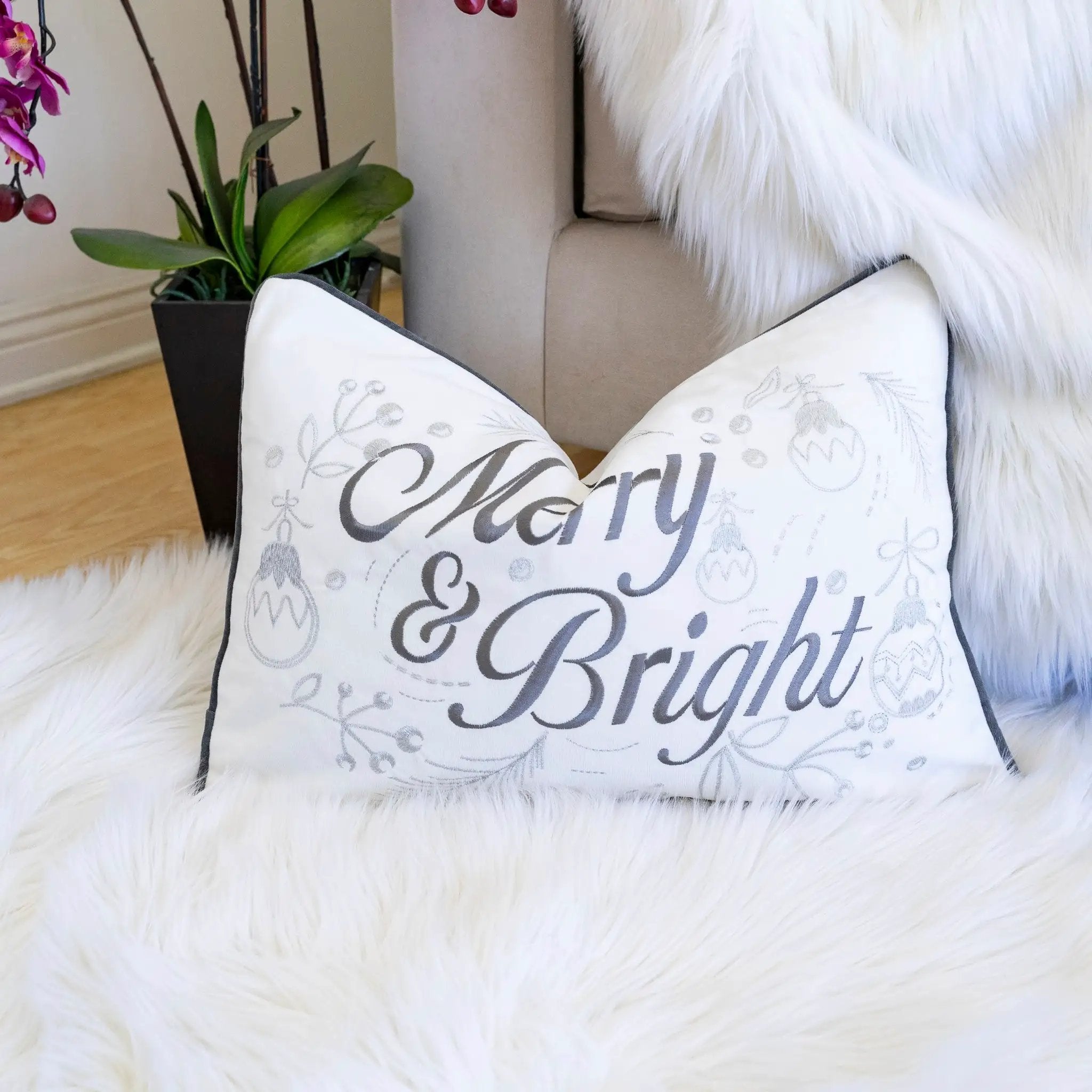 Merry & Bright Christmas Throw Pillow by HouseOfZazla