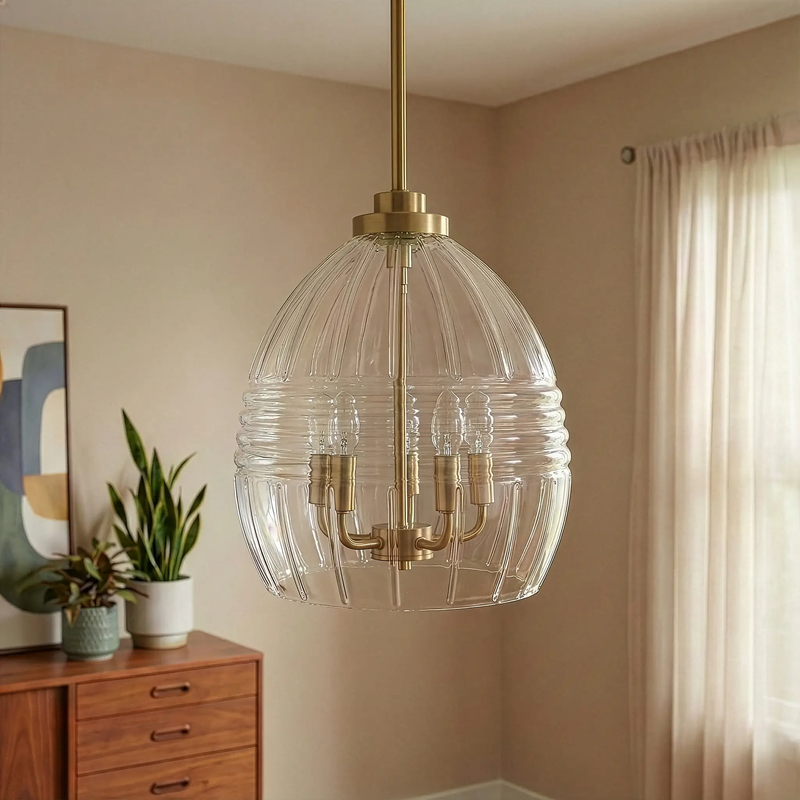 Zen Five Pendant Chain Hanging Light with Clear Glass - Satin by HouseOfZazla