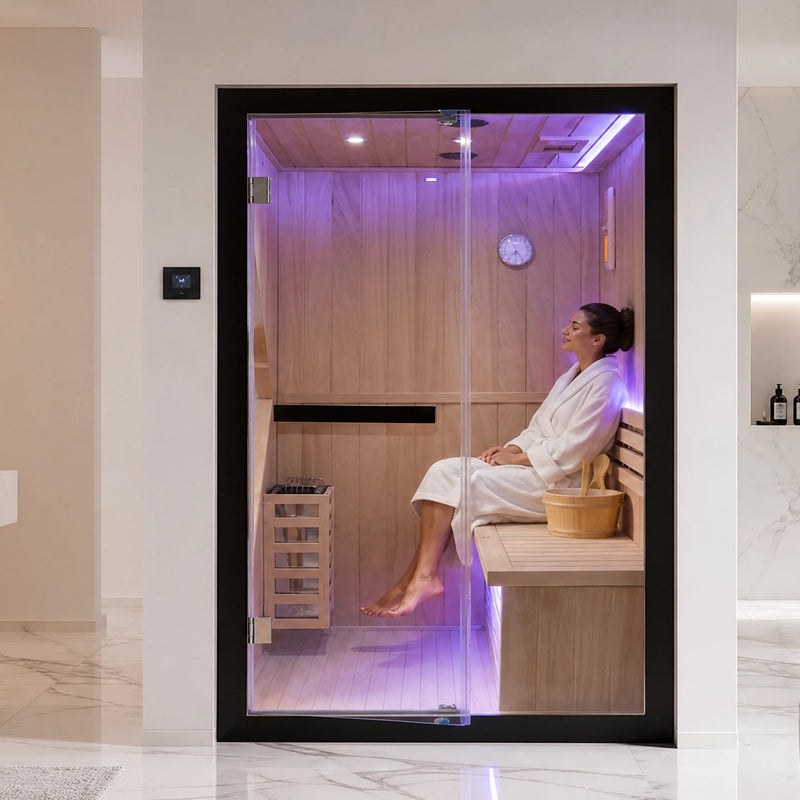 African Pine Indoor Sauna with Double Stove & LED Lighting - Natural Pine