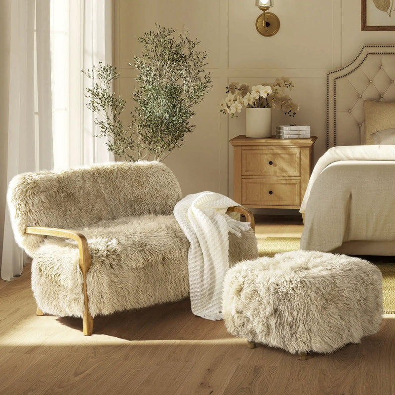 Enchante - New Zealand Sheepskin Rectangular Accent Ottoman - Taupe / Natural by HouseOfZazla
